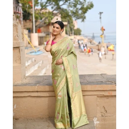 Olive Green Pure Katan Kadhiyal Bell Booti Banaras Handloom Saree