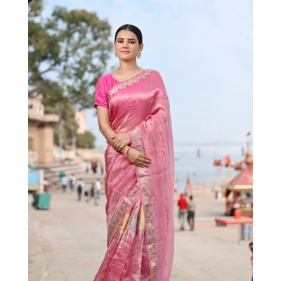 Pink Pure Kora Tissue Banaras Handloom Saree