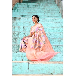 Peach Rungkaat Pure Katan Kadhiyal Banaras Handwoven Saree