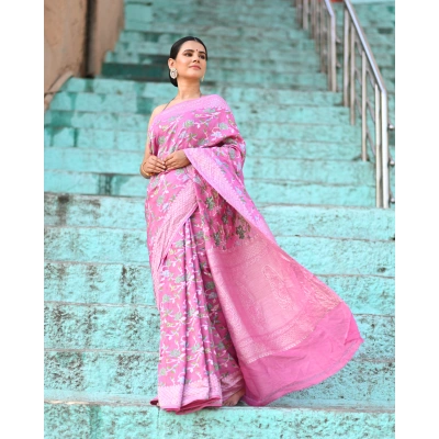 Pink Tussar Georgette Banaras Handloom Saree