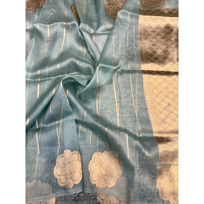 Powder Blue Pure Kora Kadhiyal Tissue Banaras Handloom Saree