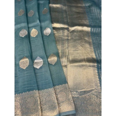 Powder Blue Pure Kora Kadhiyal Banaras Handloom Saree