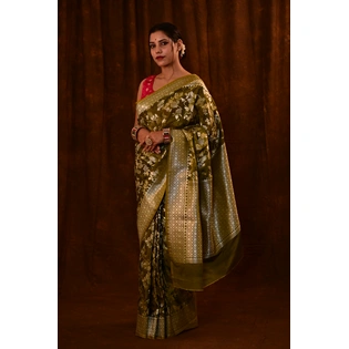 Mehendi Green Semi Katan Banarasi Saree