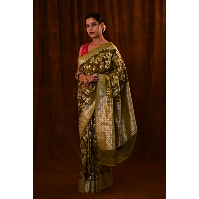 Mehendi Green Semi Katan Banarasi Saree