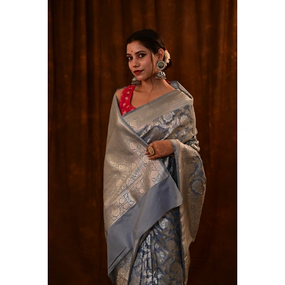 Steel Gray Banarasi Katan Semi silk Saree