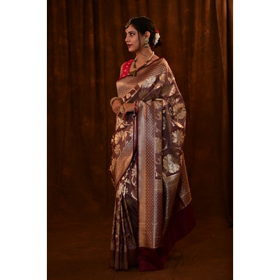 Brown Banarasi Katan Semi Saree