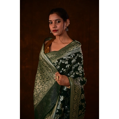 Green Khaddi semi Georgette Banarasi Saree