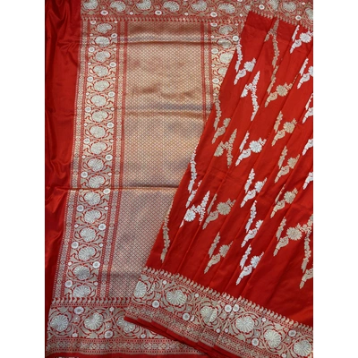 Red Pure Katan Jangla Banarasi Handwoven Saree