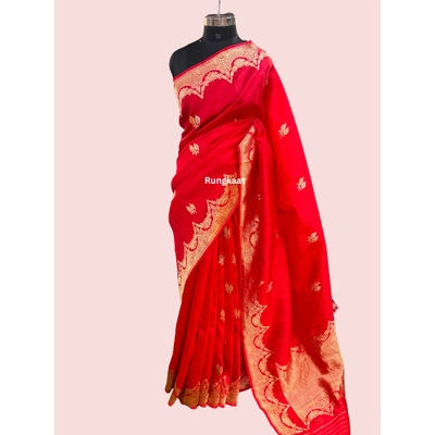 Red Pure Raw Mango With Scallop Border Banarasi Handloom Sareee