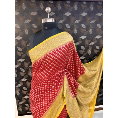 Red Yellow Pure Chiffon Banarasi Handloom Saree