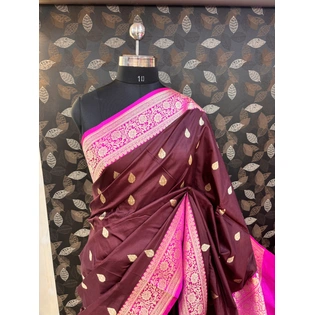 Dark Wine Pure Katan Kadhiyal Boota Banarasi Handloom Saree