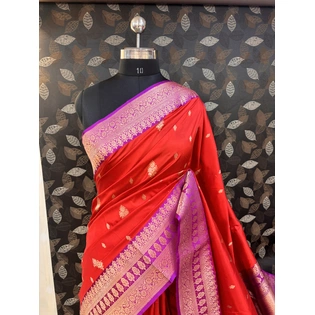 Red Pure Katan Kadhiyal Boota Banarasi Handlooom Saree