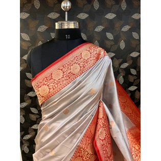 Creamy White Pure Katan Kadhiyal Meenakari Banarasi Handloom Sareee