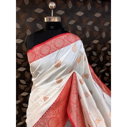 White-Red Pure Katan Kadhiyal Boota Banarasi handloom Saree