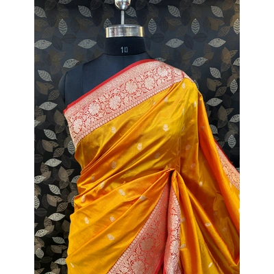 Yellow-Red Pure Katan Kadhiyal Booti Banarasi Handloom Saree