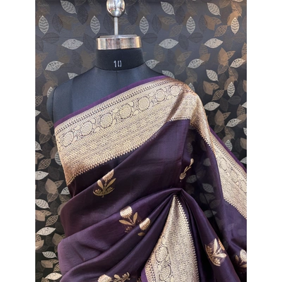 Dark Wine Pure Kora Kadhiyal Boota Banarasi Handloom Saree