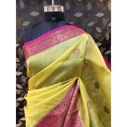 Lemon Yellow- Rani Pink Pure Kora Katan Banarasi Saree