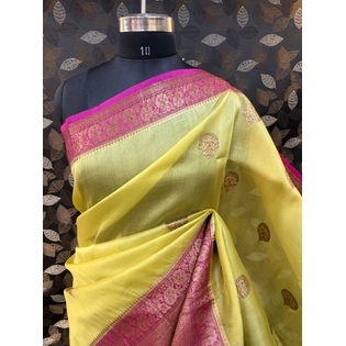 Lemon Yellow- Rani Pink Pure Kora Katan Banarasi Saree