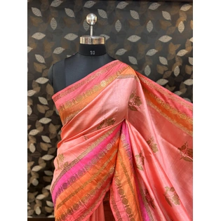 Pink Peach Pure Raw Mango Rungkaat Banarasi Handloom Sareee