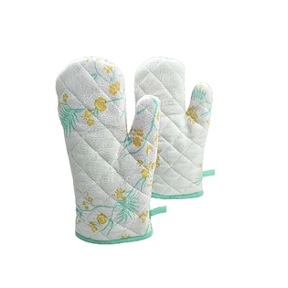 Recycled Cotton Yucca Blue & Straw Yellow Floral Design(Set of 2 Oven mitt)