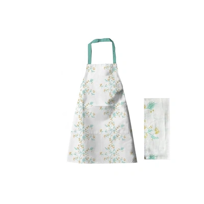 Recycled Cotton Yucca Blue & Straw Yellow Floral design Tea Towel & Kitchen Apron Set