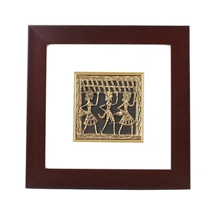 Attica Dhokra Artwork with Wooden Frame (Brass, 10 cm x 2 cm x 30 cm, Gold and White)