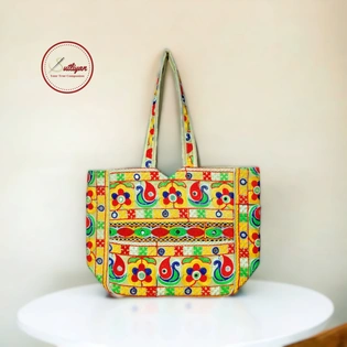 SUTLIYAN Handmade Gujarati Double-Sided Embroidery Off White Regular Tote Bag for Women (12*16 Inch)