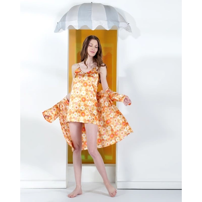 Women's Orange Printed Night Mini Dress With Shrug