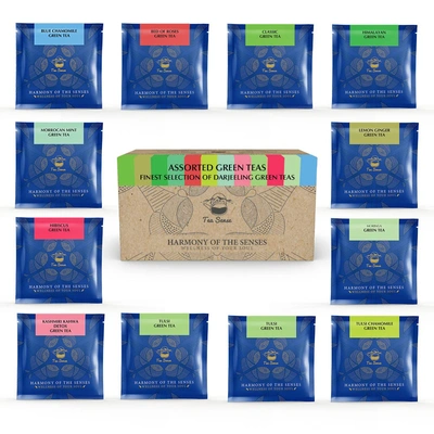 TEA SENSE Assorted Green Tea Sampler Trial Pack | 12 Flavours | 15 Pc Pyramid Tea Bags in Sealed Pouches | Fresh Healthy Green Teas, Herbs Flowers & Spices | Can be Rebrewed