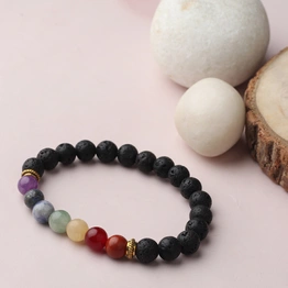 "Chakra Harmony: Authentic, Natural AAA Gemstone Unisex Bracelet for Wellness,Balance, Positive Energy,Healing - Seven Chakra Gemstones and Lava (7-7.25 Inc, 8 MM)