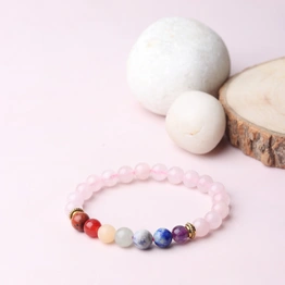 "Chakra Harmony: Authentic, Natural AAA Gemstone Unisex Bracelet for Wellness,Balance, Positive Energy, Healing - Seven Chakra Gemstones and Rose Quartz (7-7.25 Inc, 8 MM)