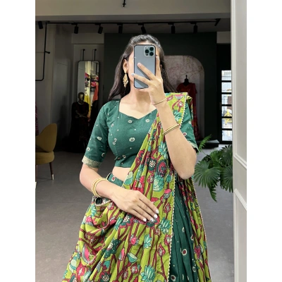 OkCloth Tussar Silk Kalamkari Print Lehenga Choli