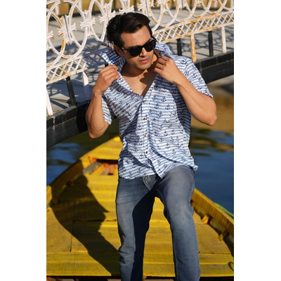 Blue color Ship Anchor print cotton shirt half sleeves