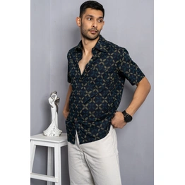 Dark blue leaf print cotton shirt half sleeves