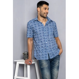 Blue and white fan print cotton shirt half sleeves