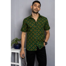 Dark Green color shirt with Yellow leaf print cotton shirt half sleeves