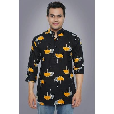 Black Yellow Leaf print cotton trendy short kurta 3/4th sleeves