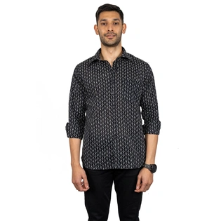 Black Geometric Print Casual Cotton Shirt Full Sleeves