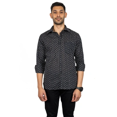 Black Geometric Print Casual Cotton Shirt Full Sleeves