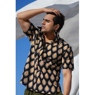 Black color Yellow Paan print cotton shirt half sleeves