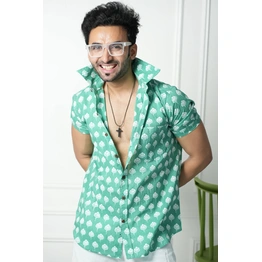 Green Color Shirt with Lotus print half sleeves cotton