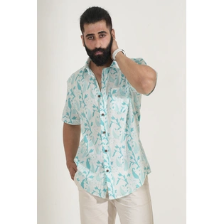 White color shirt sky blue Paisley print half sleeves Cotton shirt