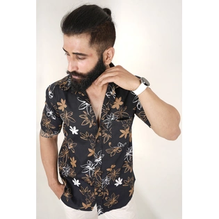 Black color shirt Flowers print half sleeves Cotton shirt