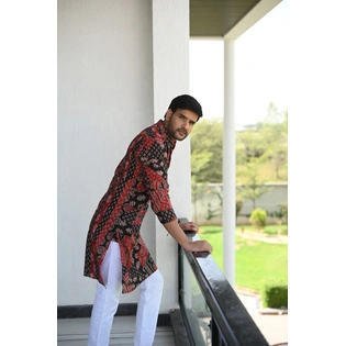 Crazy Red & Black print designer full sleeves pure Cotton Long Kurta