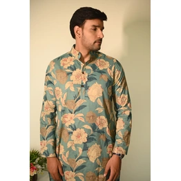 French Blue with Big Floral print full sleeves pure Cotton Long Kurta