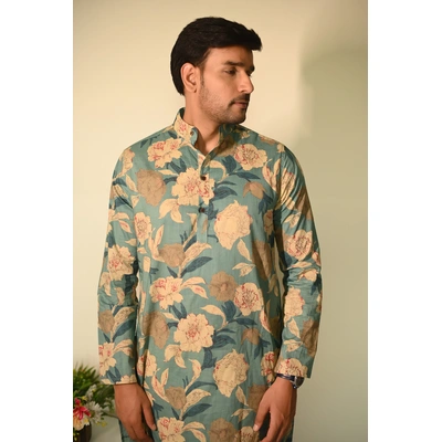 French Blue with Big Floral print full sleeves pure Cotton Long Kurta