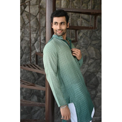 Green Ombre color Tie & Dye designer full sleeves pure Cotton Long Kurta