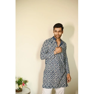 Blue White Flowers, Hand Block print designer full sleeves pure Cotton Long Kurta