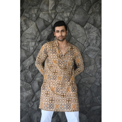 Moroccan Yellow print full sleeves pure Cotton Long Kurta