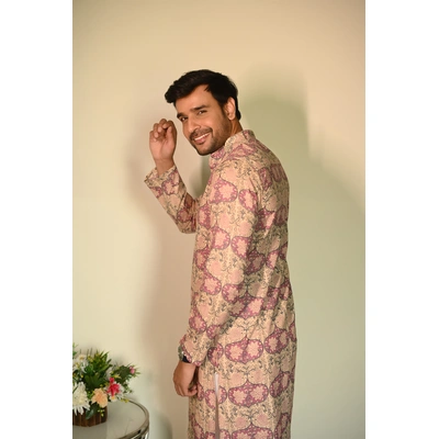 Arabic Pink print designer full sleeves pure Cotton Long Kurta